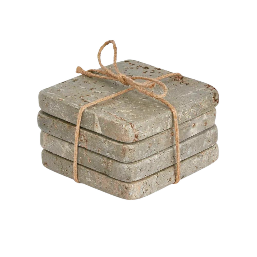 Graze Travertine Coaster Set4  Square Grey