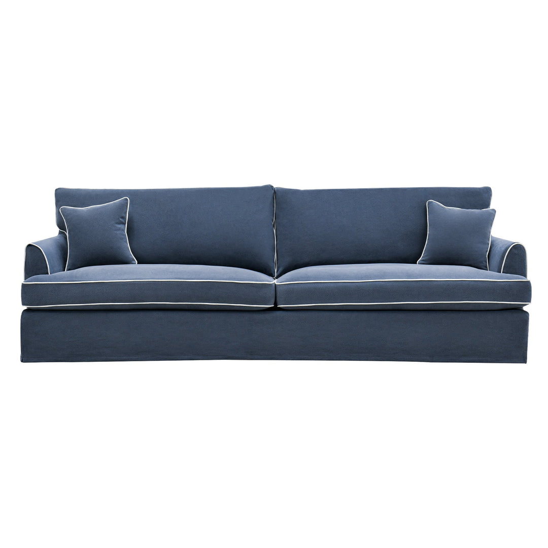 Slip Cover Only - Byron 4 Seat Hamptons Sofa Navy W/White Piping Linen Blend