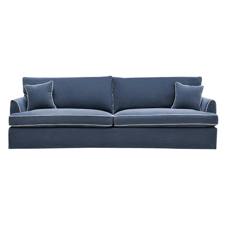Slip Cover Only - Byron 4 Seat Hamptons Sofa Navy W/White Piping Linen Blend