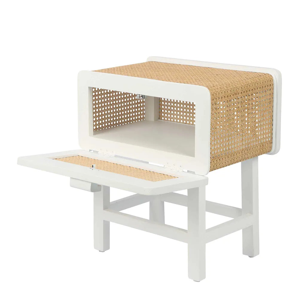 Zoe Bedside Table Chalk with Natural Rattan