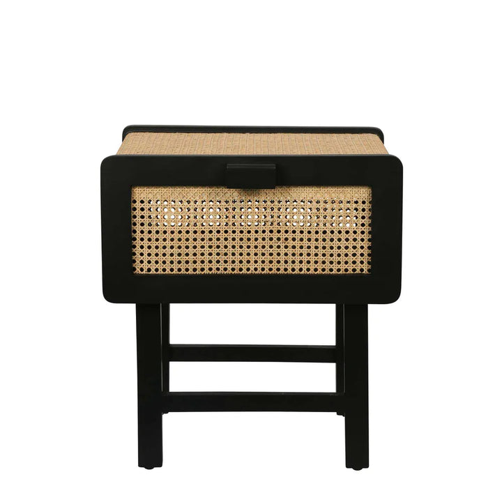 Zoe Bedside Table Black with Natural Rattan