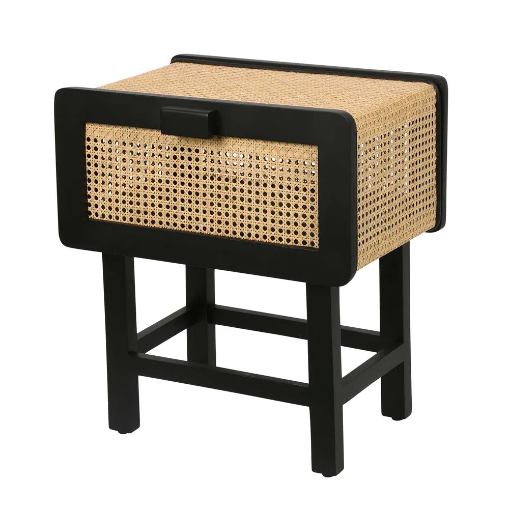 Zoe Bedside Table Black with Natural Rattan