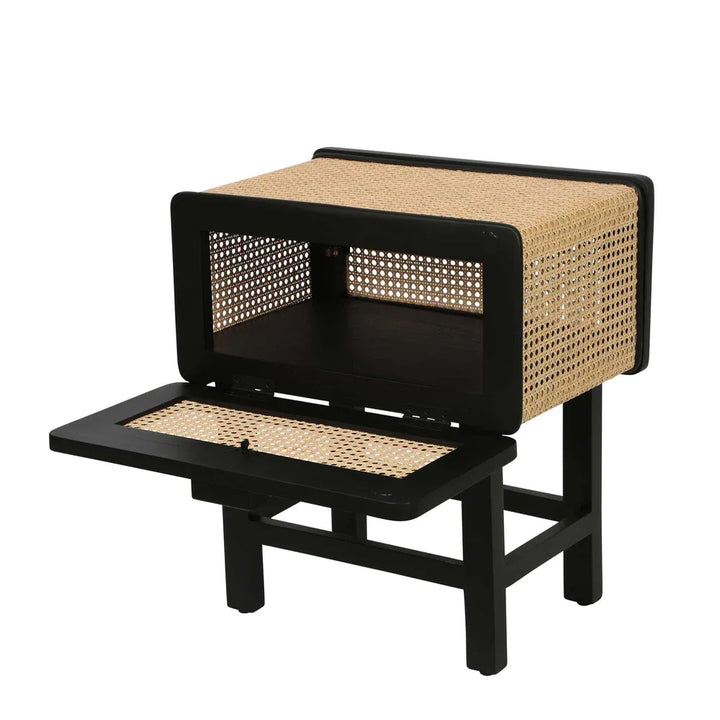 Zoe Bedside Table Black with Natural Rattan