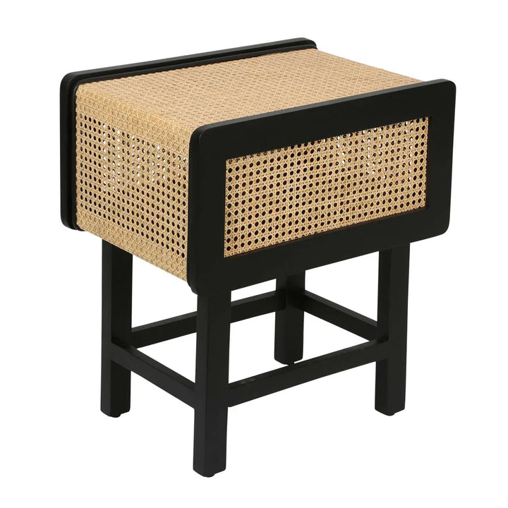 Zoe Bedside Table Black with Natural Rattan