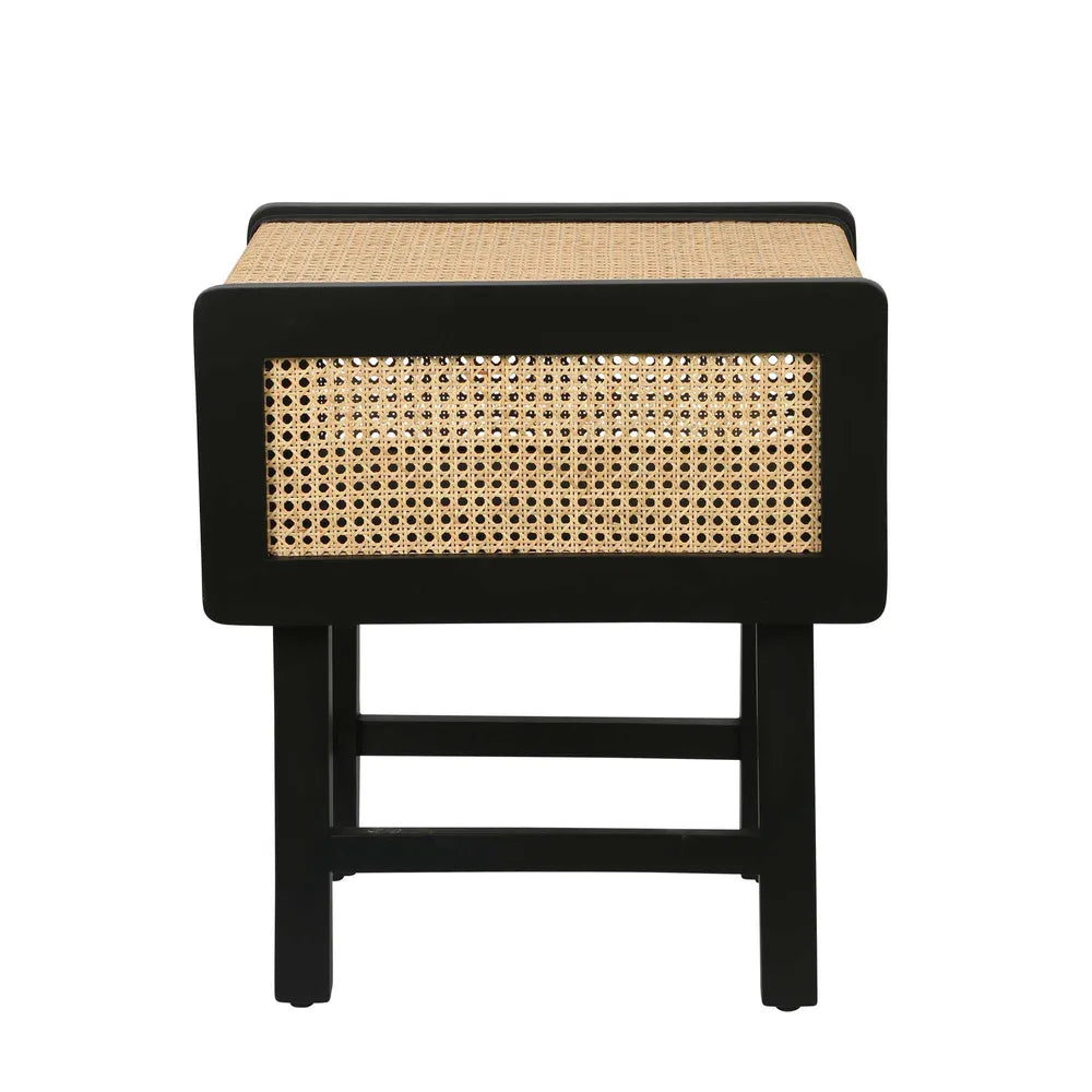 Zoe Bedside Table Black with Natural Rattan