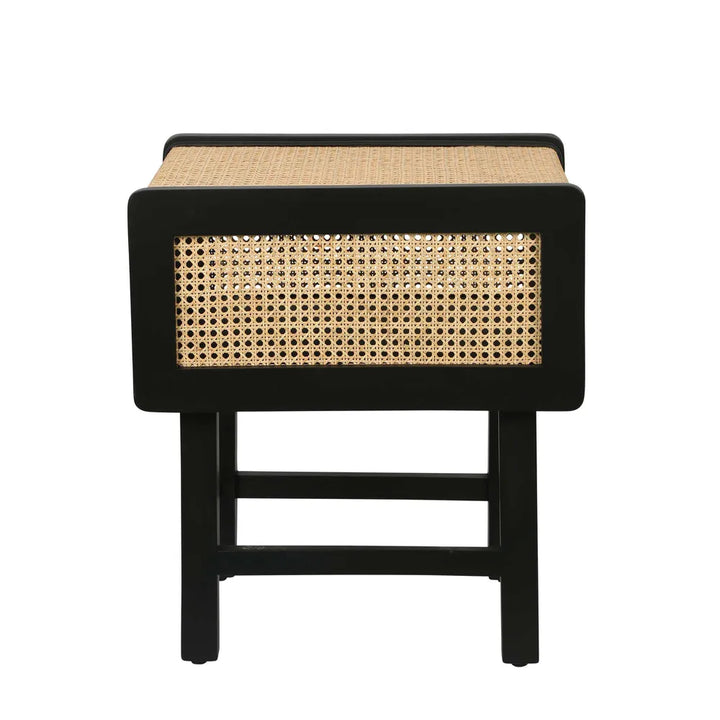 Zoe Bedside Table Black with Natural Rattan