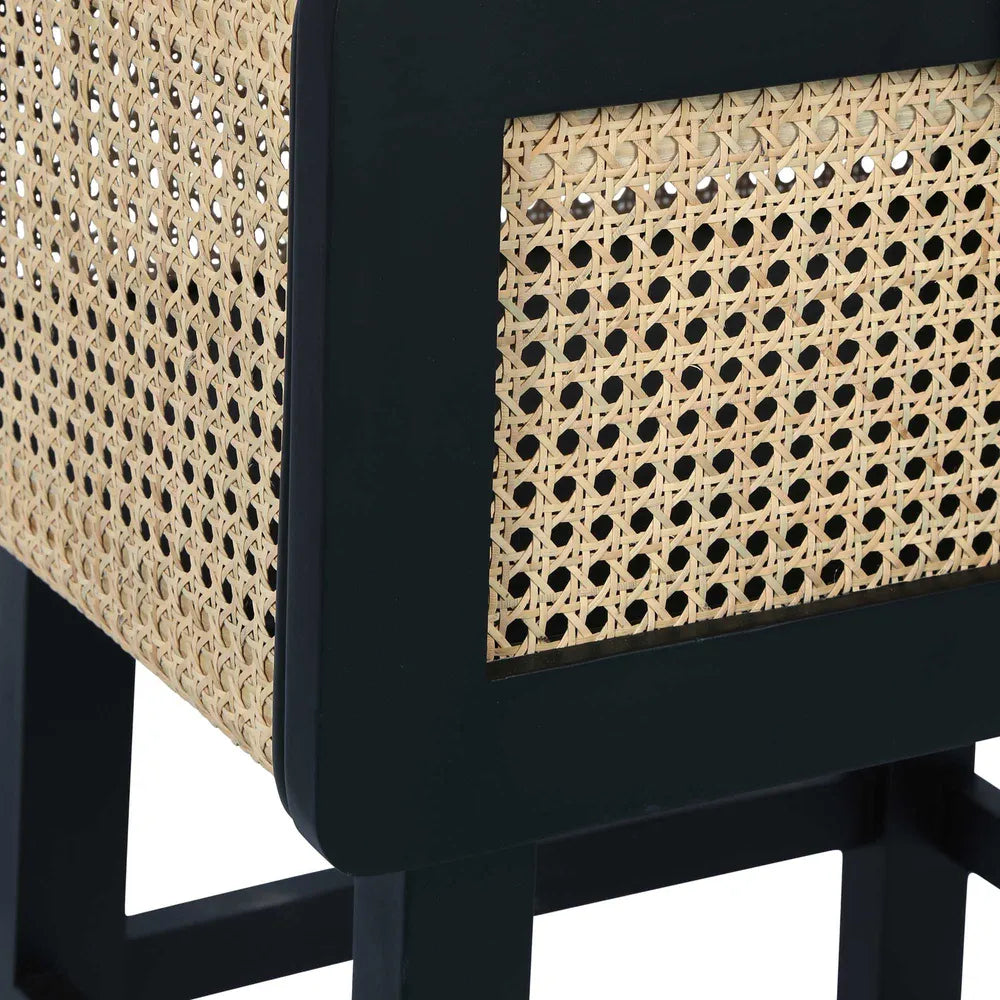Zoe Bedside Table Black with Natural Rattan