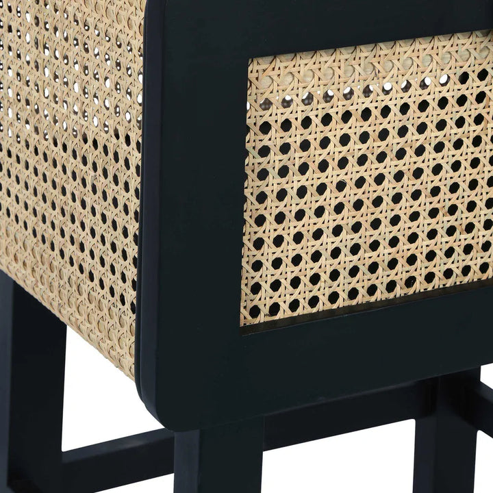 Zoe Bedside Table Black with Natural Rattan