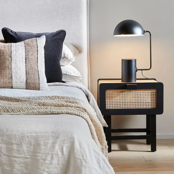 Zoe Bedside Table Black with Natural Rattan