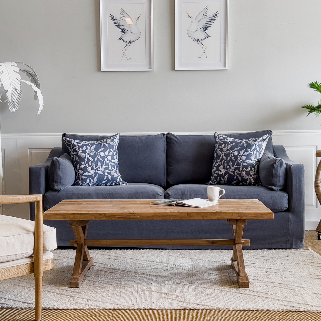 Clovelly 3 Seat Hamptons Sofa Navy Linen Blend